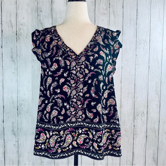 Old Navy | Black Floral Ruffle Sleeve V-Neck Blouse M - Picture 2 of 13